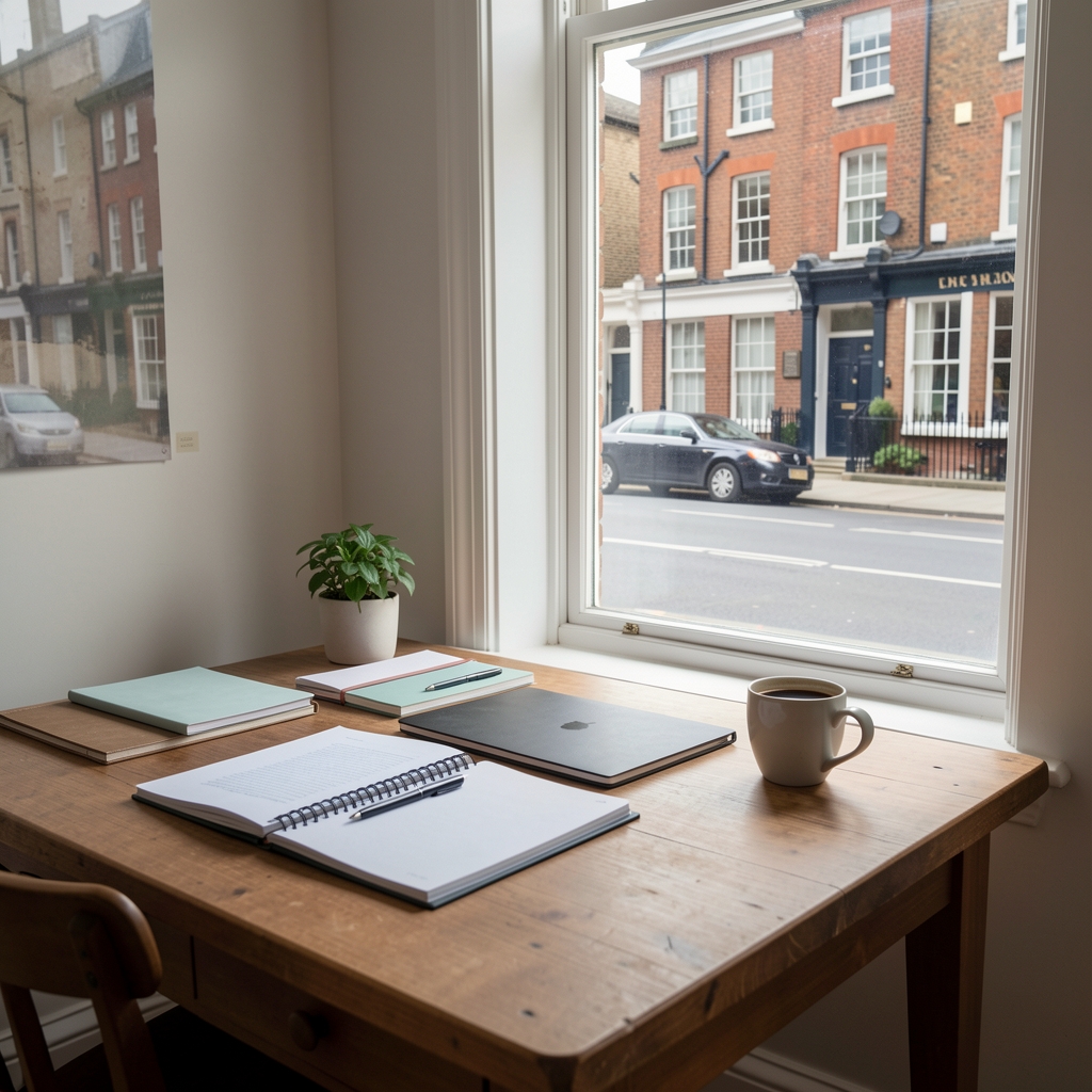 Editorial workspace with open notebooks, handwritten recipe drafts, and a small arrangement of fresh herbs on a pale linen surface in diffused afternoon light