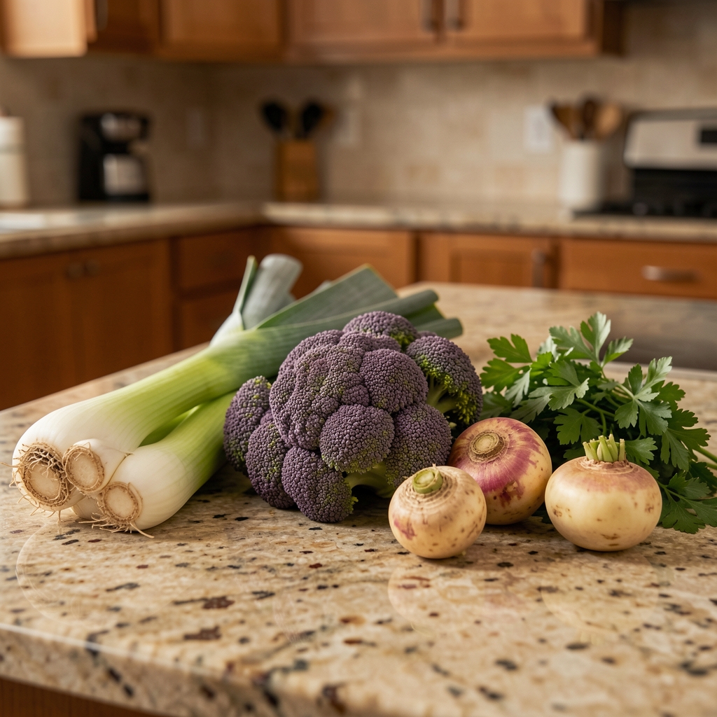 Seasonal British produce laid out on a kitchen counter — purple sprouting broccoli, leeks, small turnips, and a bunch of flat-leaf parsley under warm indoor kitchen lighting